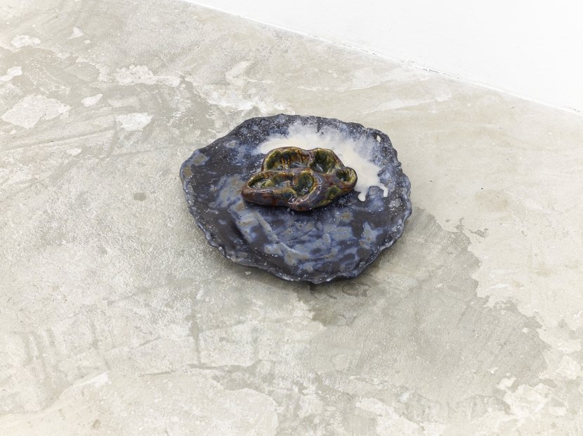 Anna Virnich, Parts Glazed #3, 2018, Glazed ceramic, beeswax essential oils, oil, stainless steel wall fixing, Dyptich: top: 7 × 28 × 25 cm, bottom: 6 × 26 × 24,5 cm