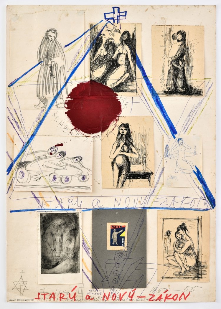 Stano Filko, From the cycle Old and New Testament, Collage, painting, felt-tip pen, pencil on paper, 84.5 x 59.5 cm