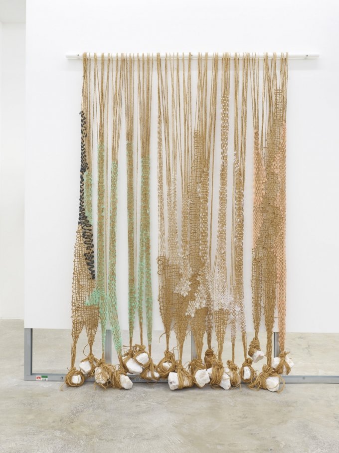 Ann Cathrin November Høibo, Definitely Maybe, 2019, Coconut threads, tulle, stones (white quartz), acrylic bar, 240 × 180 × 25 cm
