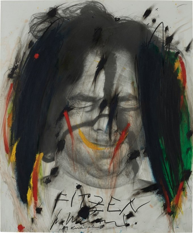 Arnulf Rainer „Fitzen (19 Knäuel)“, 1970-1971, Öl und Pastell auf Silber-Gelatine-Abzug, Studiofoto mit Gesichtsbemalung aus 1968, 60,3 x 49,8 cm, signiert und betitelt Bild: Galerie Ruberl