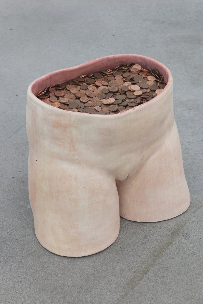 Aline Bouvy, Primitive Accumulation, 2019, fired clay, aquarelle, eurocents