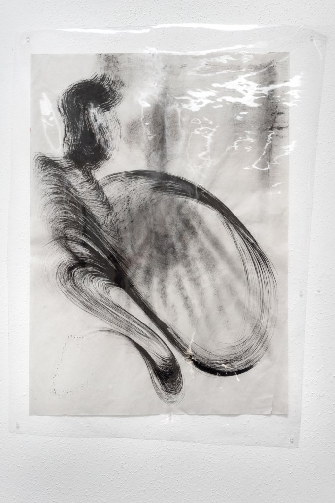 Maria VMier,Untitled [black], 2019, Indian ink on newsprint, installed underneath soft PVC film, approx. 41 x 59 cm