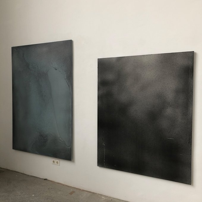 Andrea Zabric, untitled (graphite painting series nr. VII), 2018-2019, pigment and lacquer on MDF, 177 x 125 cm Andrea Zabric, untitled (graphite painting series nr.I), 2018-2019, pigment and lacquer on MDF, 148 x 120 cm