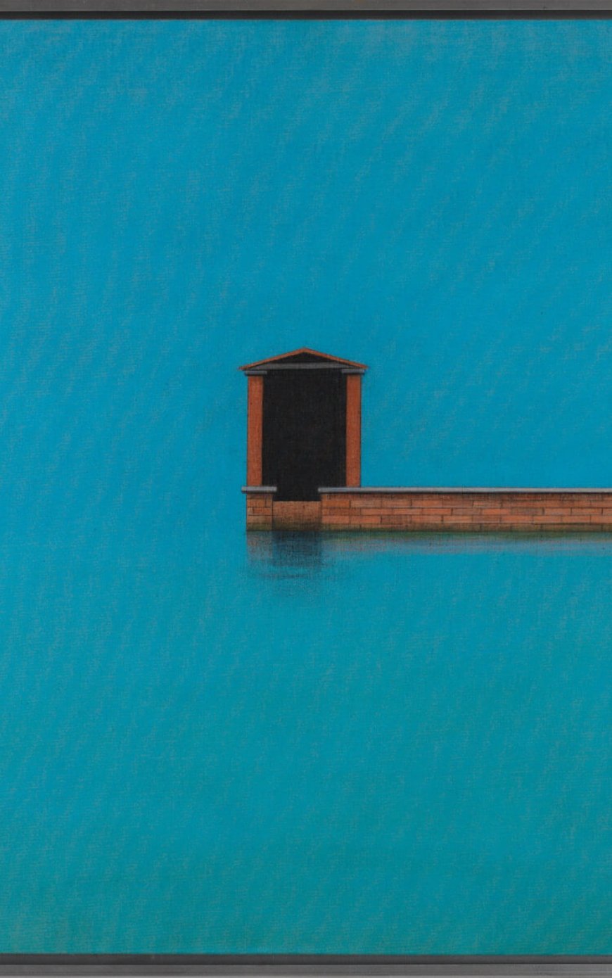 Eduard Angeli, Das Bootshaus 2023, Öl auf Leinwand, 104 x 104 cm, Rufpreis 14.000 EURO, Foto: Thomas Gorisek