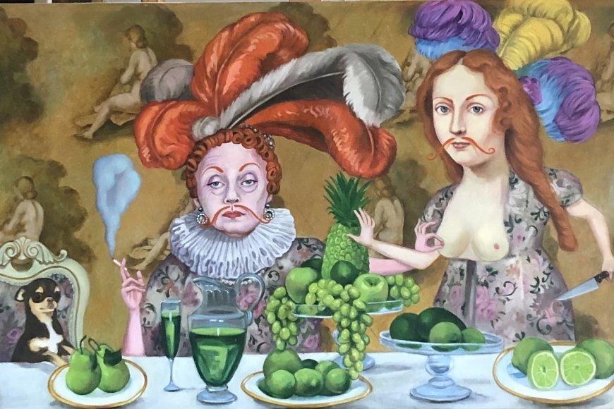 Christy Astuy, Banquett, 2023, 72 x 200 cm, © Christy Astuy, Bildrecht: Johanna Lea Lassnig, Galerie Jünger