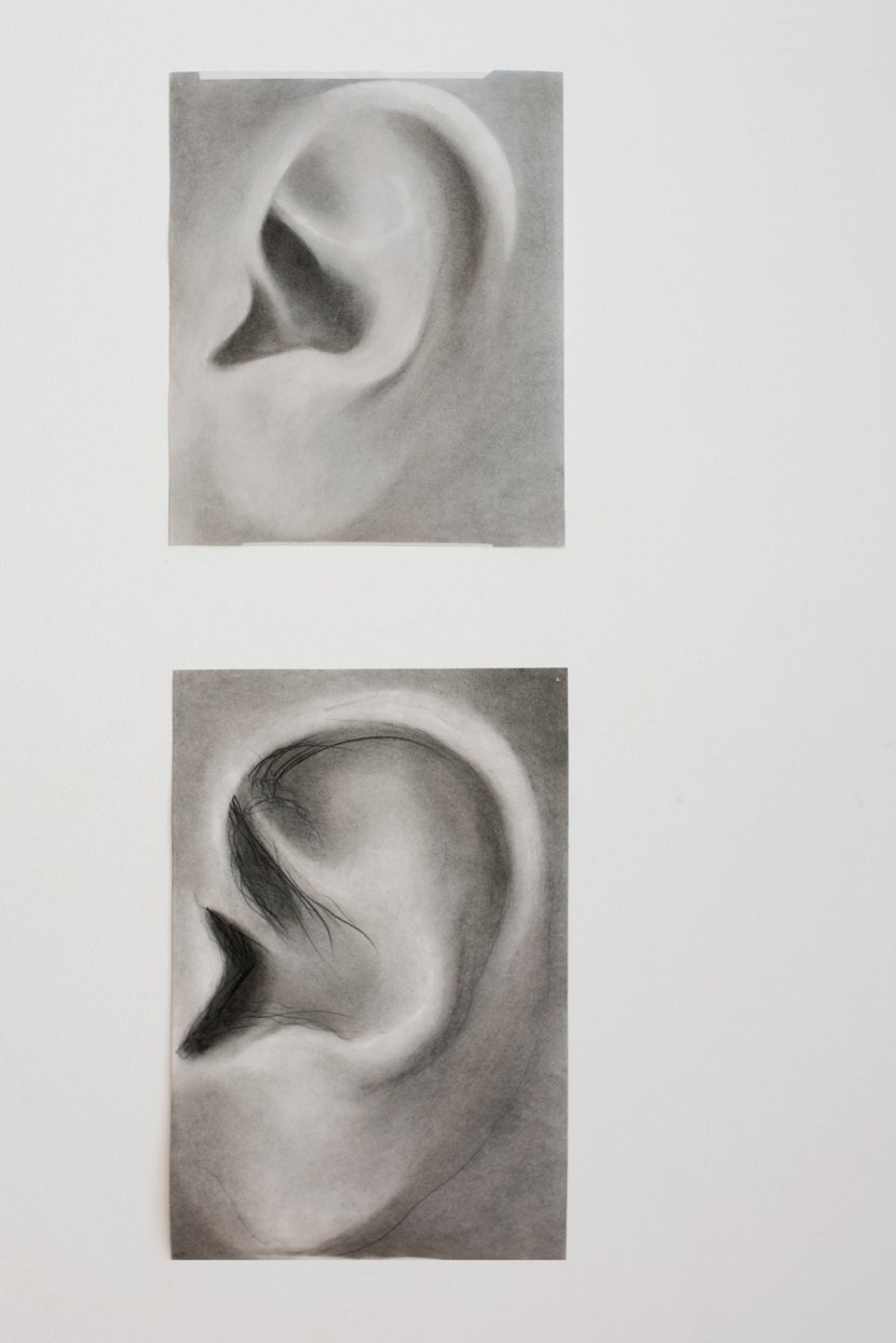 Evelyn Plaschg,  Body (Ear), 2018, Pigment auf Papier, 42 x 33 cm Evelyn Plaschg, Body (Ear), 2018, Pigment und Graphit auf Papier, 52 x 33 cm