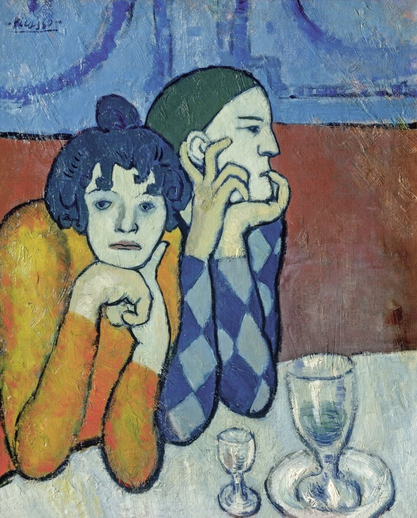 Pablo Picasso, ARLEQUIN ET SA COMPAGNE, 1901, Öl auf Leinwand, 73 x 60 cm, Moskau, Staatliches Museum für Bildende Künste A. S. Puschkin © Succession Picasso / 2018, ProLitteris, Zürich