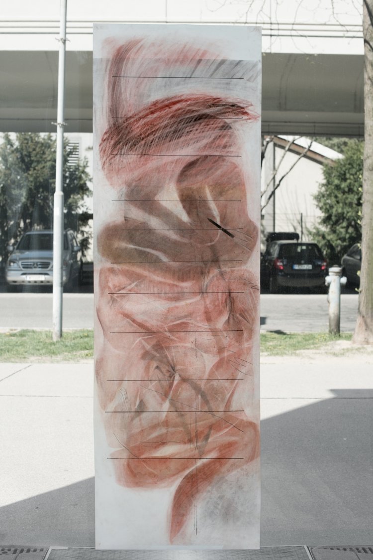 Evelyn Plaschg, No, 2019, Pigment, Marker, Graphit auf Papier, 188,5 x 60 cm