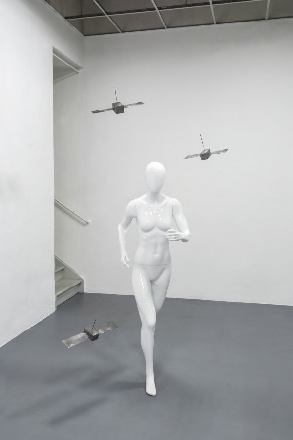 Satellite, 2019, mannequin, steel, nylon wire, incense sticks