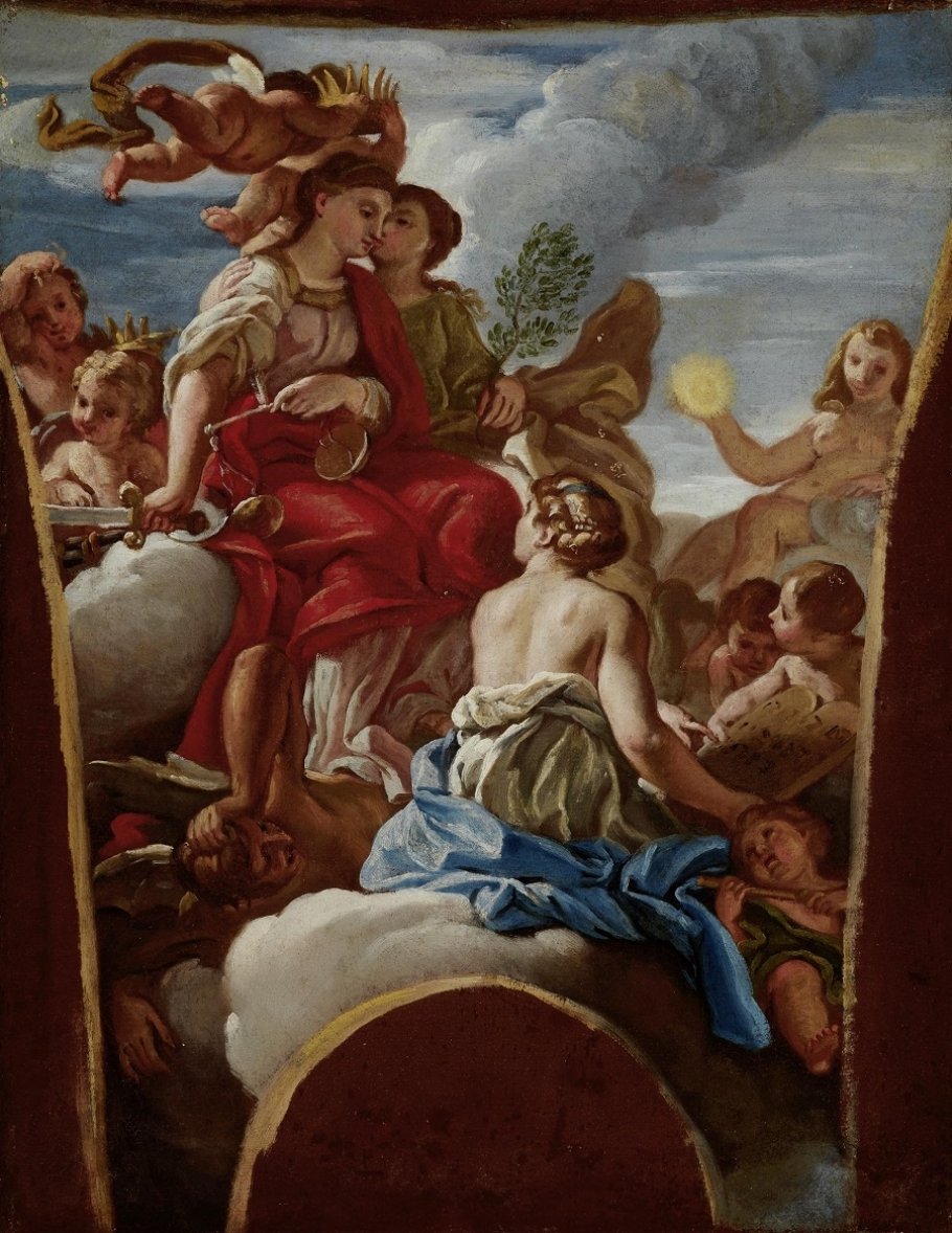 Allegorie der Justitia (Gerechtigkeit und Frieden küssen sich), Giovanni Battista Gaulli, gen. il Baciccio, Werkstatt, nach 1670, Öl auf Leinwand, Salzburg Museum Sammlung Rossacher