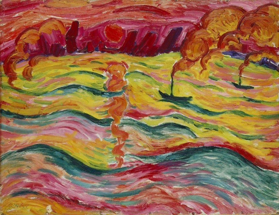 Der rote Rhein: Walter Opheys Flusslandschaft mit Schiffen und roter Sonne, 1913, Öl auf Leinwand, 48 x 62 cm (Detail) © MUSEUM KUNSTPALAST - ARTOTHEK