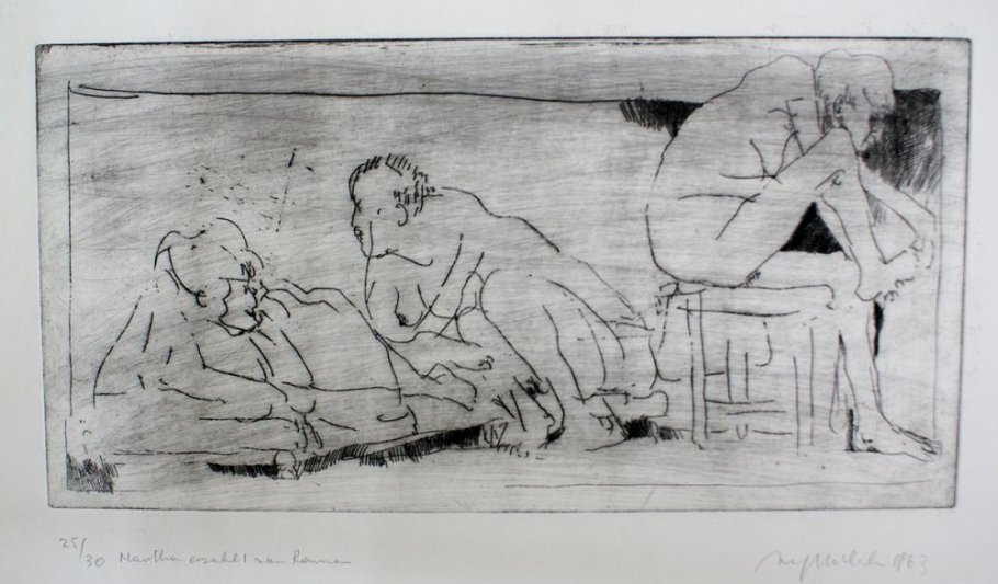 Alfred Hrdlicka, MARTHA ERZÄHLT VON RAMON – 1963, Kaltnadelradierung, Exemplar: 25/30, Plattengröße: 25,2 x 49 cm (54,3 x 75 cm) | Courtesy Galerie Welz