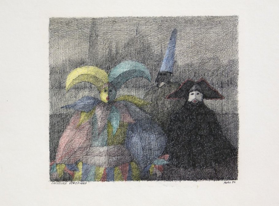Paul Flora, Carnevale Veneziano - 1984, Tusche, Farbstifte auf Papier, 22,6 x 25,7 cm (30,6 x 40,6 cm) | Courtesy Galerie Welz