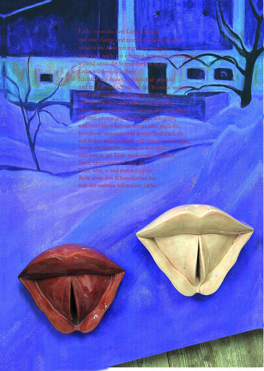 Detail: – Stimmlippen –, Nussholz, Glas und Keramik, 2015/16, für Werner Berg und Christine Lavant