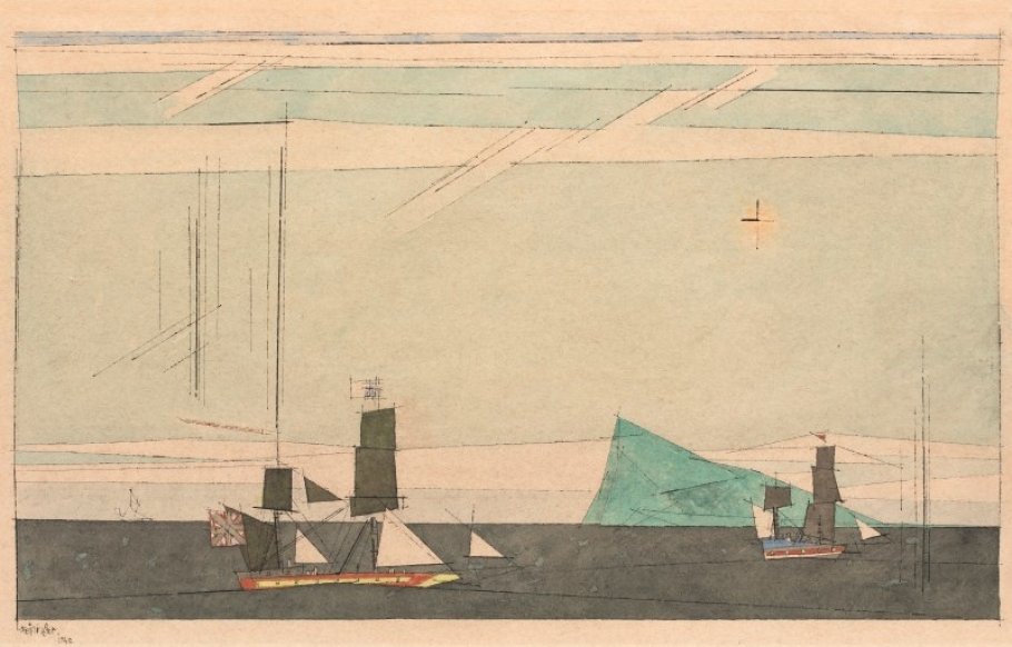 Lyonel Feininger, Two Sailing Ships and Iceberg, 1942, Gouache, Aquarell, Feder und Tusche auf Papier, 55,1 × 77,3 cm (21,7 × 30,4 in)