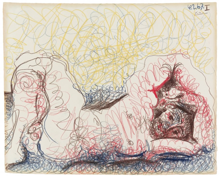 Pablo Picasso, Homme nu couché, 1967, Farbkreidezeichnung auf Velin, 51,8 x 64,4 cm | Schätzpreis: € 360.000 – 400.000,-