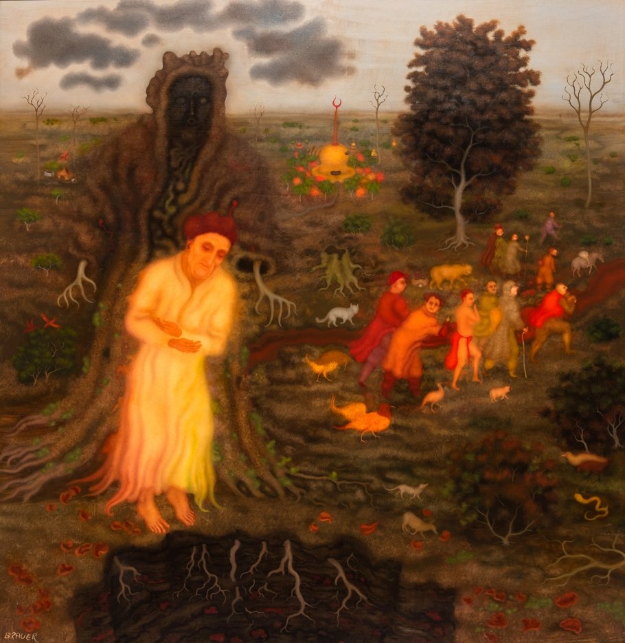 Arik Brauer, Hauptbild aus dem Jedermann-Zyklus: „Jedermann mit dem Tod“ (Fotocredit Helmut Wegenkittl), Öl auf Platte, 90 x 86 cm, WN 1002, 2019 | Courtesy Galerie Weihergut, Salzburg