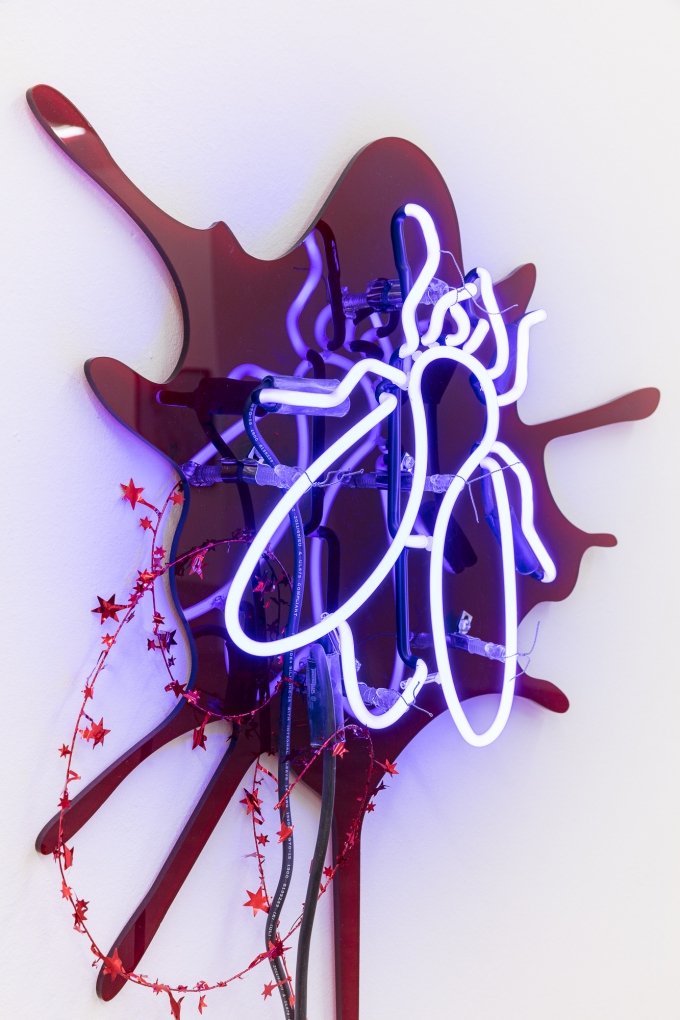 Kyle Thurman, List of fears, 2018, electrical components, garland, hardware, neon, and plexiglas, dimensions variable