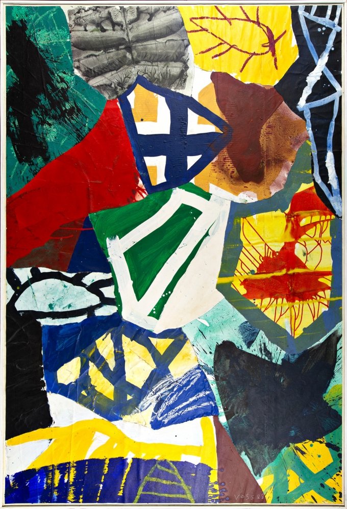 JAN VOSS (1936 HAMBURG), o. T., 1988 Öl, Collage auf Kartonpapier auf Leinwand, 200 x 135 cm, Signatur vorne rechts unten: Voss 88 Schätzpreis: € 14.000 - 18.000 | Rufpreis: € 9.000