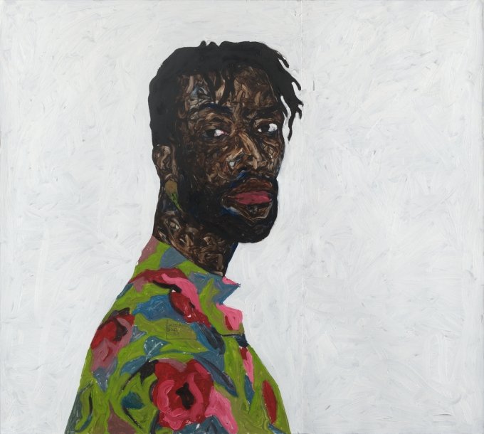 Amoako Boafo, BOY WITH FLOWER EARRING 2, Öl auf Papier, 100 x 100 cm, 2019, Foto: Rudi Froese Photography