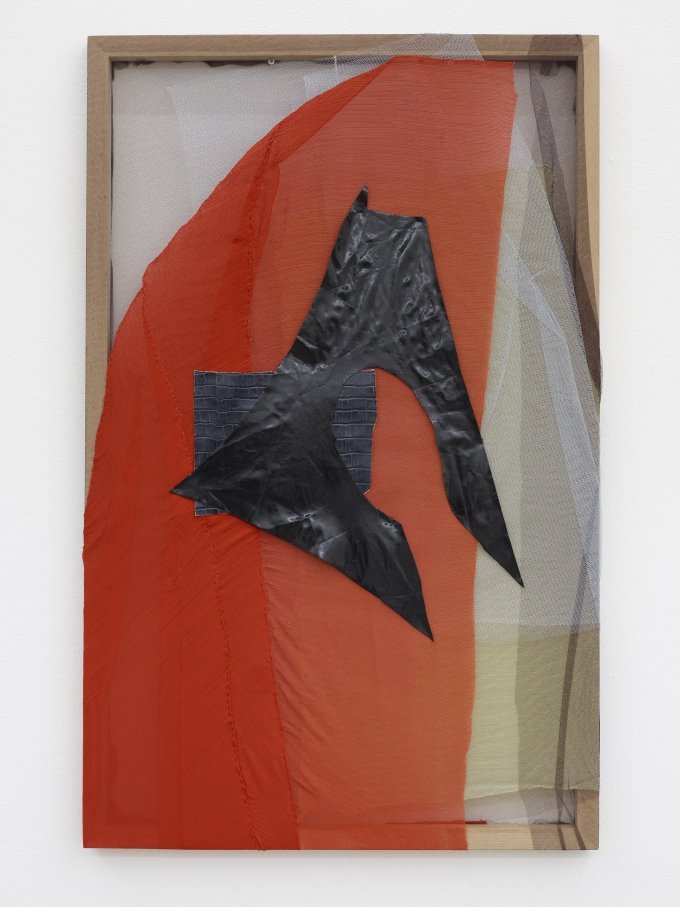 Anna Virnich, Untitled #55 (CK Be, Sweat, Tonka, Plastic), 2018, Fabrics, threads on wooden stretch frame, 95 × 60 cm