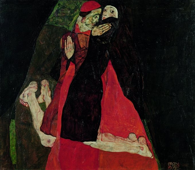 EGON SCHIELE | Liebkosung (Kardinal und Nonne), 1912 | Öl auf Leinwand | 70 × 80,5 cm | © Leopold Museum, Wien