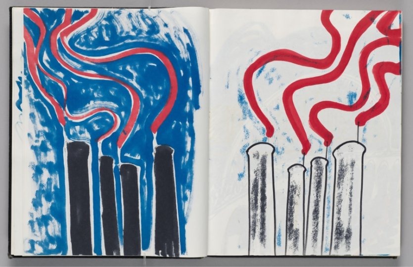 Otto Piene, Untitled (text and bleed-through of previous page, left page); Untitled (designs for wind socks, right page), 1976. Harvard Art Museums/Busch-Reisinger Museum, Schenkung von Elizabeth Goldring Piene. © 2024 ProLitteris, Zürich: Otto Piene Estate. Foto: © President and Fellows of Harvard College, 2019.11.13