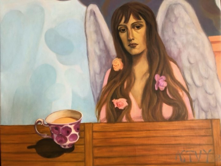 Christy Astuy, Angel at my Table, 2023, 50 x 65 cm, © Christy Astuy, Bildrecht: Johanna Lea Lassnig, Galerie Jünger