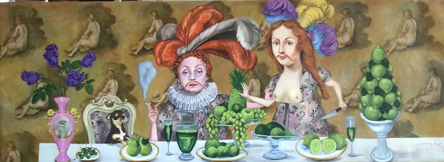 Christy Astuy, Banquett, 2023, 72 x 200 cm, © Christy Astuy, Bildrecht: Johanna Lea Lassnig, Galerie Jünger