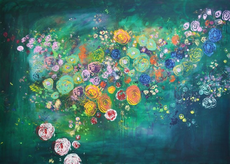 Ronald Kodritsch, Punky Flowers, 2021, Öl auf Leinwand, 200 x 300 cm, Courtesy Galerie Gölles, 2021/22