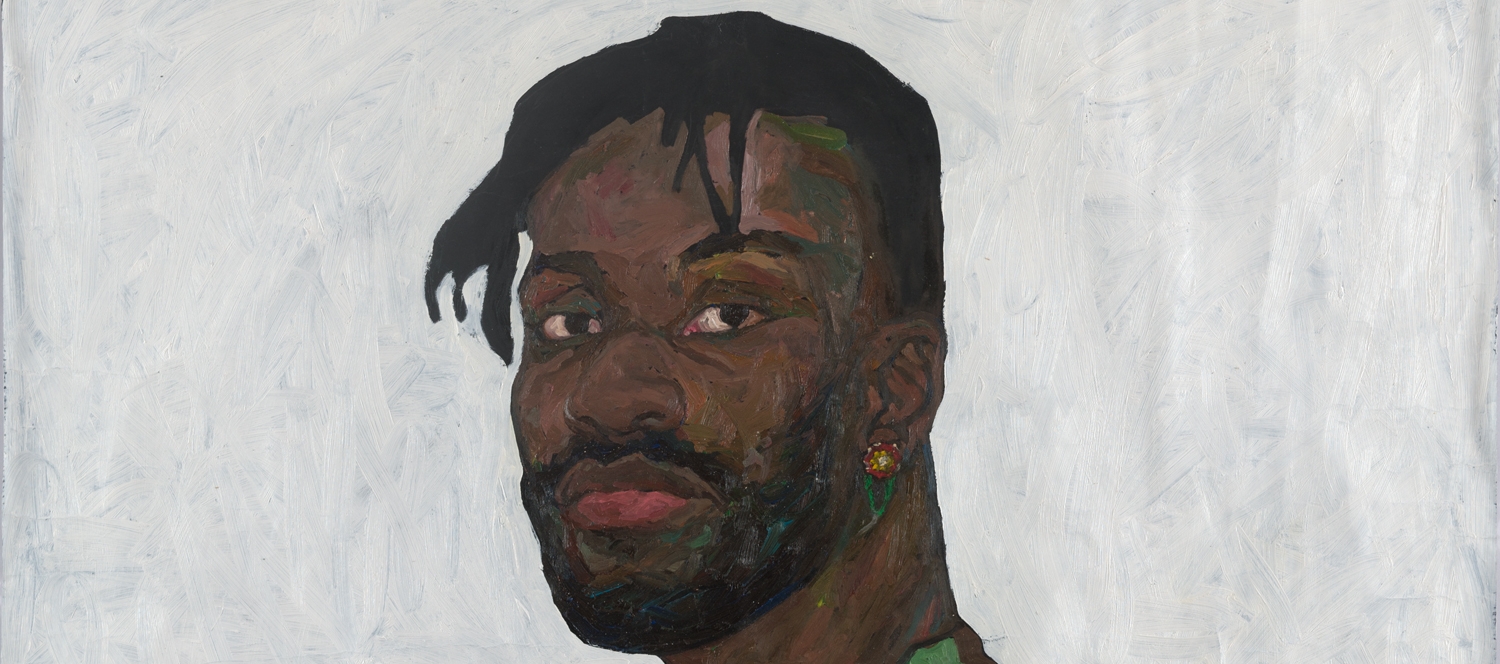 Amoako Boafo, BOY WITH FLOWER EARRING 1, Öl auf Papier, 100 x 100 cm, 2018, Foto: Rudi Froese Photography
