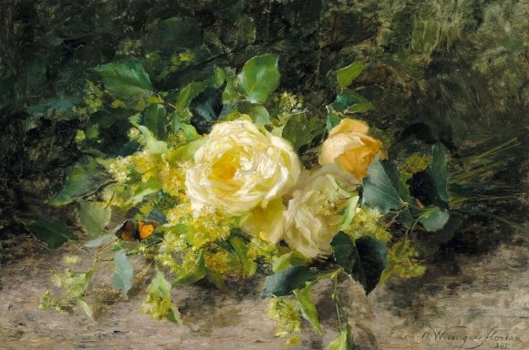Olga Wiesinger-Florian, Weiße Rosen, 1895, Öl auf Holz, 31,5 x 48 cm, Signiert und datiert rechts unten: O. Wisinger-Florian (1)895