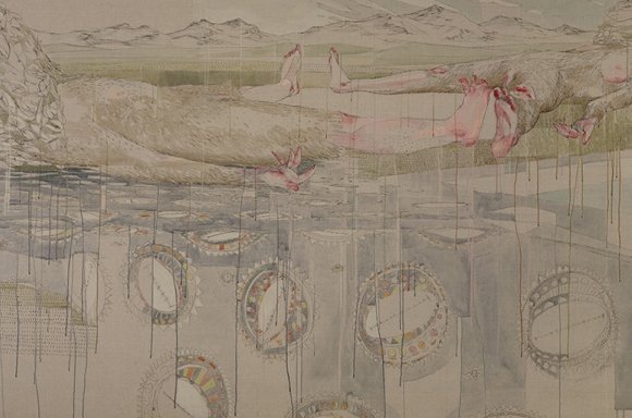 Maria Legat, „AIDGVF“; 2018, ca. 10000cmx218cm; Kohle, Pigment, Tinte, Acryl auf Leinen (Detail) | Courtesy die Künstlerin und Gemäldegaöeroe der Akademie der Bildenden Künste Wien