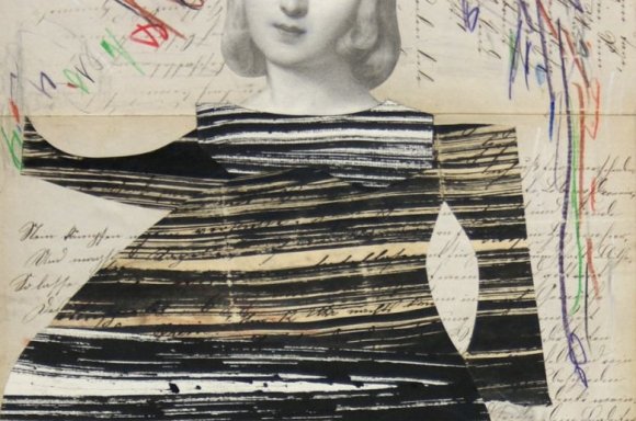Andrea Schnell, Amour fou, aus der Serie Lilly - 2017, Tusche, Collage auf Autographen 19. Jhdt. auf Papier, 27,4 x 21,5 cm