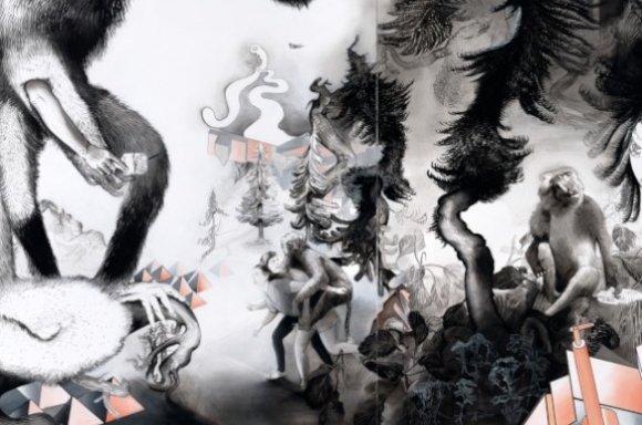 Susanne Kühn (geb. 1969): Beastville, 2019, 250 x 380 cm, Acryl, Kohle, Bleistift, Carbon- schwarz und Dispersion auf Leinwand, Fotograf: Bernhard Strauss © Bildrecht 2019