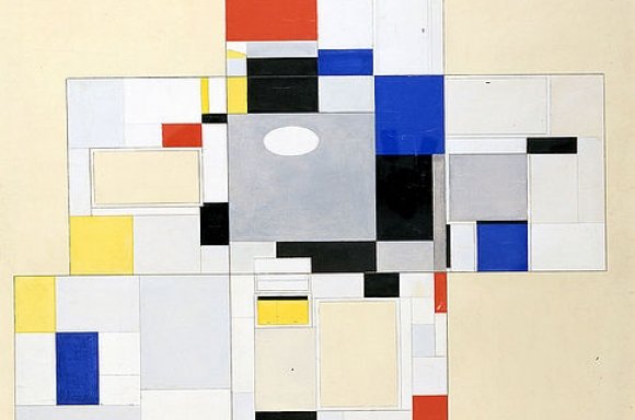Piet Mondrian, Farbentwurf für den Wohnraum Ida Bienert, Draufsicht, Deckfarben über Bleistift, 75x75cm © SKD, Foto: Hans-Peter Klut