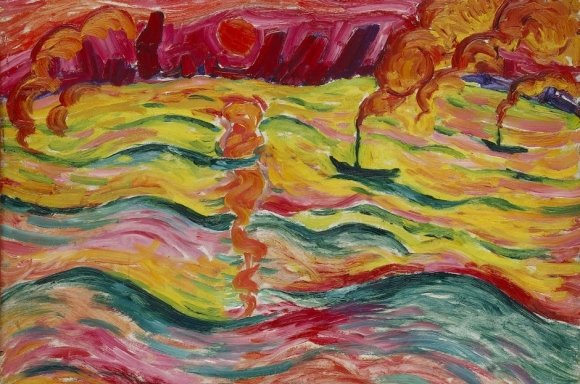 Der rote Rhein: Walter Opheys Flusslandschaft mit Schiffen und roter Sonne, 1913, Öl auf Leinwand, 48 x 62 cm (Detail) © MUSEUM KUNSTPALAST - ARTOTHEK