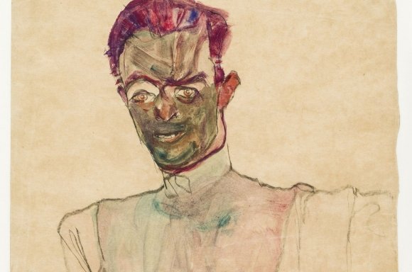 Egon Schiele, Selbstbildnis mit Gilet, 1910, Kohle, Aquarell auf Papier, Landessammlungen Niederösterreich