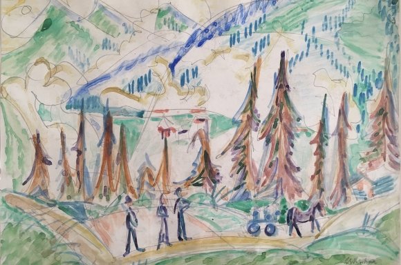 Ernst Ludwig Kirchner, Milchwagen im Morgengrauen, um 1919, Aquarell und Gouache über Bleistift, 38 x 50 cm | Courtesy Galerie Beck & Eggeling